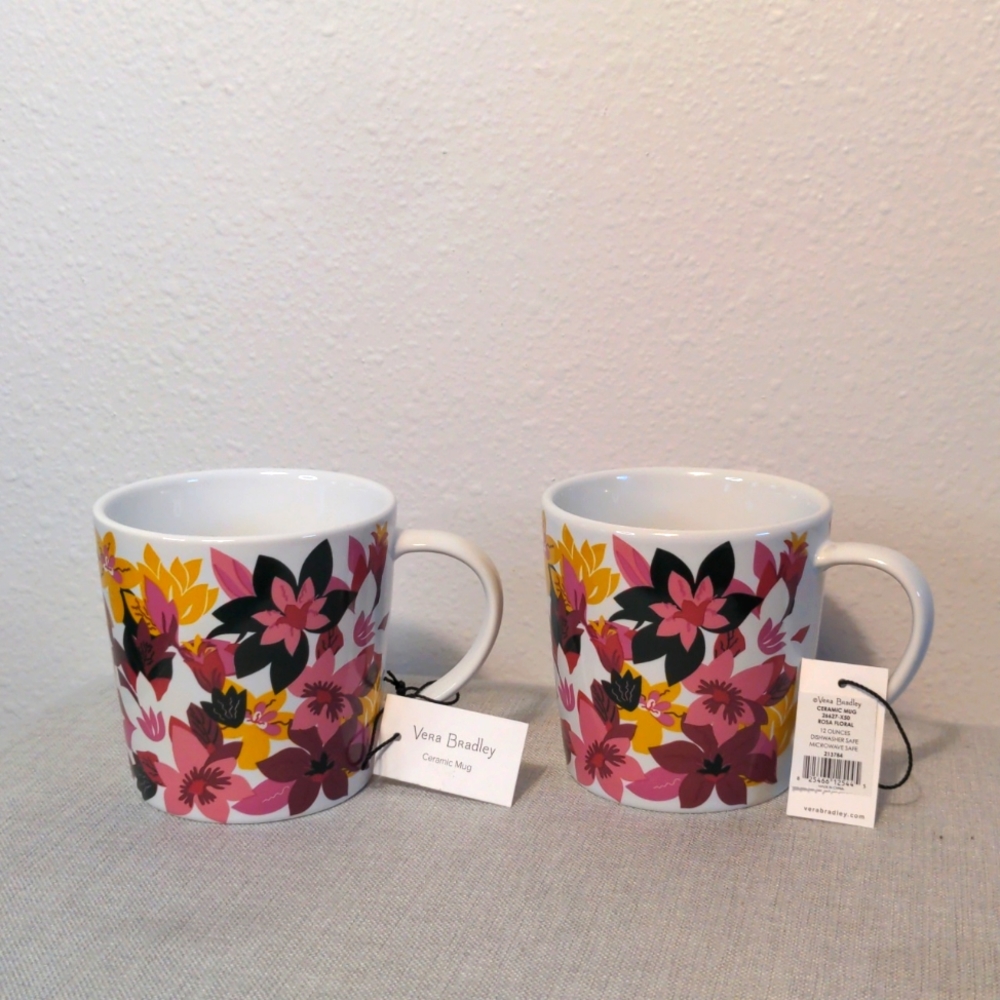 NWT Vera Bradley Bundle of 2 12oz Pink And White Floral Coffee Mugs